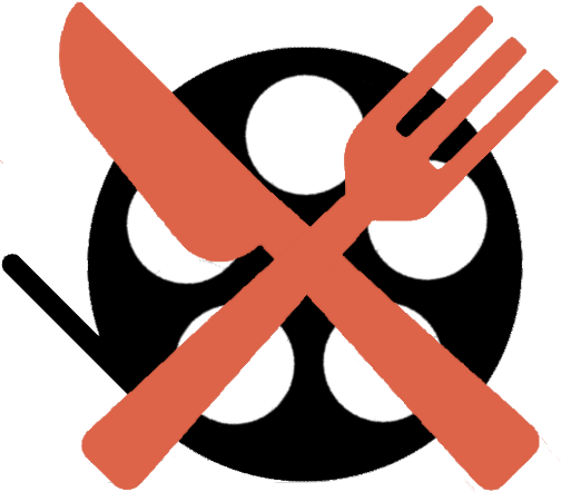 The ReelMeals logo depecting a bright red fork and knife crossed over a black movie reel
